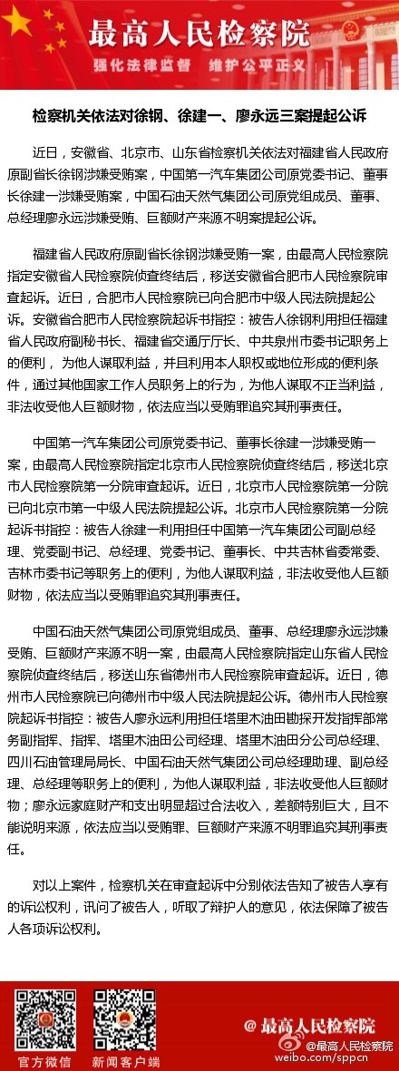 检察机关依法对徐钢、徐建一、廖永远三案提起公诉