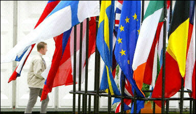 一名男子在都柏林行经欧盟及成员国旗帜,其中包括十个新成员国的国旗