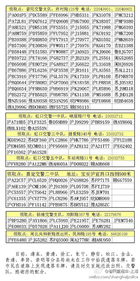 上海163块车牌台风海葵期间被冲落警方微博招领