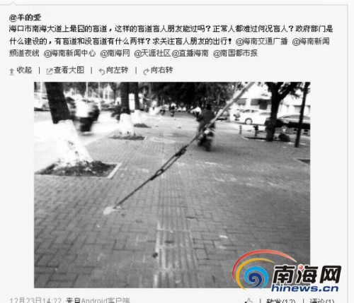 网友微博曝海口最囧盲道残联回应无管理权(图)