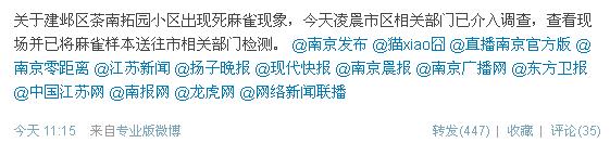 南京官方回应小区出现不明死因麻雀:已送检样本