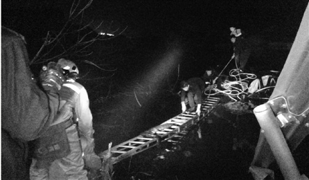 小车落水五人站车顶呼救消防架六米长梯救人(图)