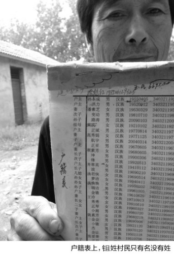 安徽千余村民姓氏电脑打不出财产全归妻名下(图)