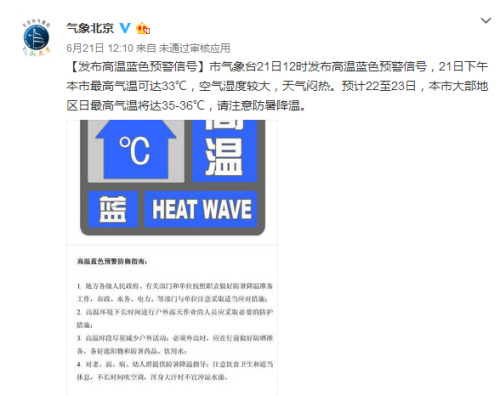 局官方微博"气象北京"消息,北京市气象台昨日发布高温蓝色预警信号