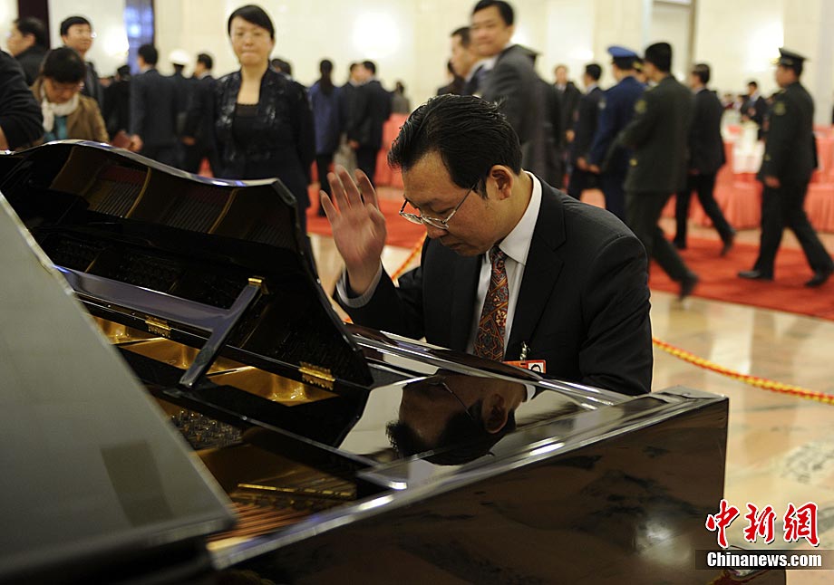 出席会议的云南昭通市市长王敏正在会议结束后弹奏起人民大会堂中央