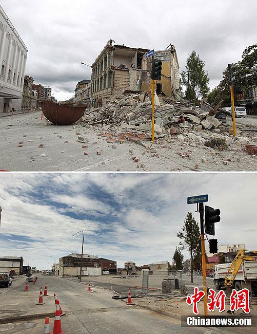 新西兰基督城地震一周年相同地点景象对比