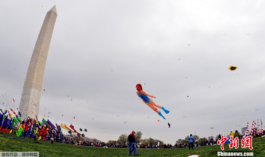当地时间2012年3月31日,美国华盛顿,2012樱花风筝节开幕,各式风筝放飞