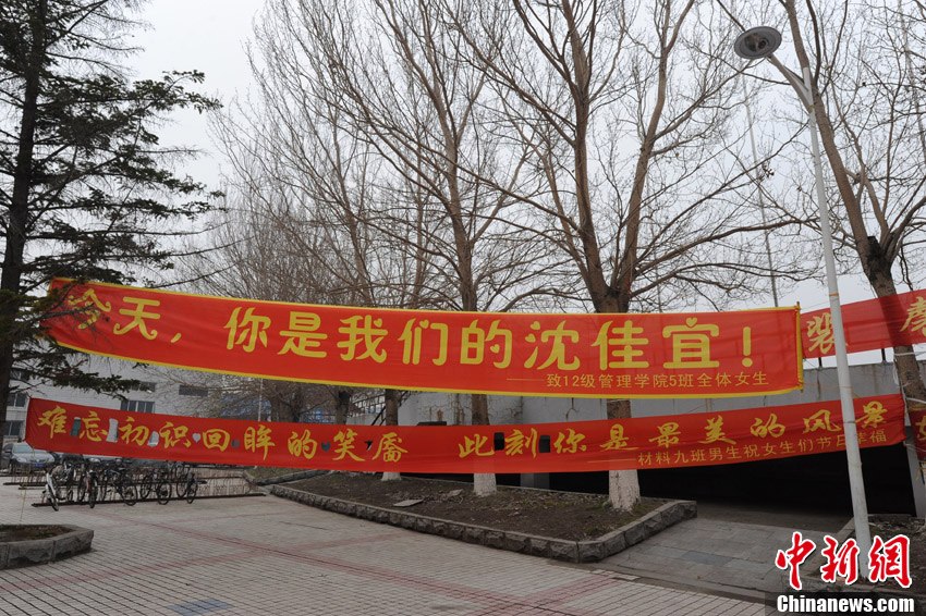 高校理工男创女生节创意横幅挂满校园