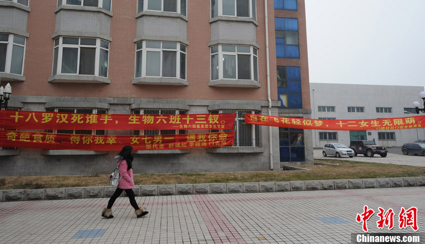 高校理工男创女生节创意横幅挂满校园