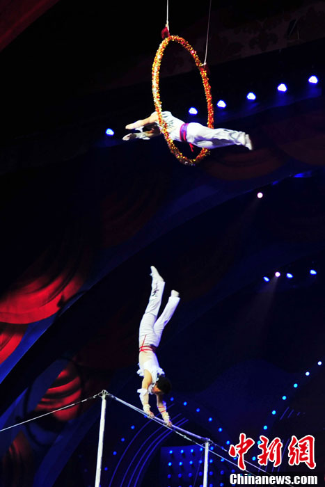 朝鲜平壤国家杂技团空中飞人摘吴桥杂技节金狮奖