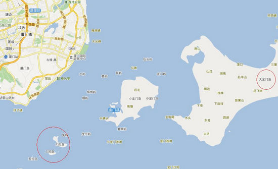 大胆岛,二胆岛(即大担岛,二担岛,左下红圈内)与厦门市相邻近.