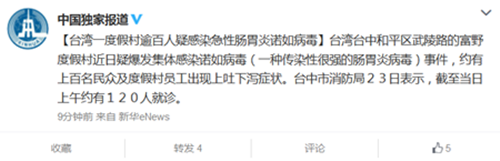 台湾一度假村逾百人疑感染急性肠胃炎诺如病毒