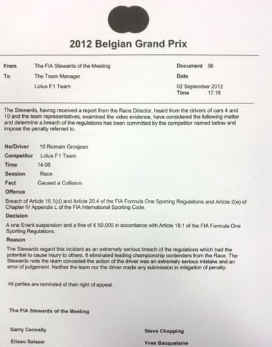 F1比利时站连环撞车肇事者禁赛1场罚款5万欧元