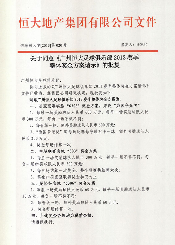 恒大公布赛季奖金方案亚冠赢球600万输球不罚钱