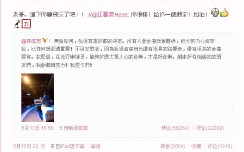 林俊杰落选金曲奖Hebe甜蜜慰问遭Ella调侃(图)