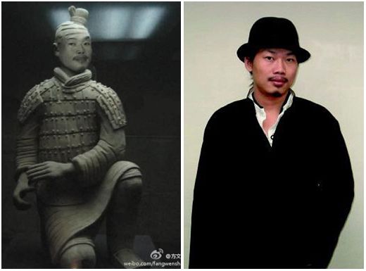 方文山与跪地兵马俑撞脸自嘲:难怪右膝一直痛(图)