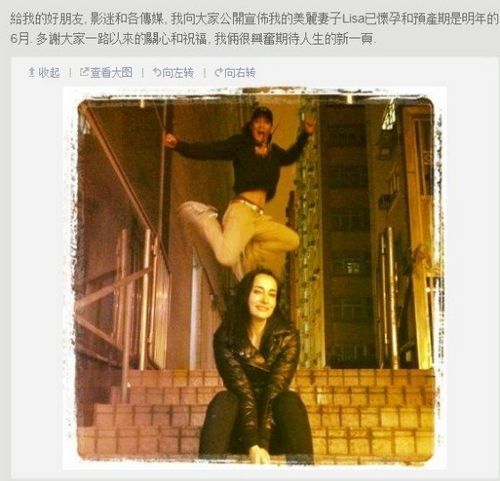 吴彦祖宣布妻子怀孕:预产期明年6月