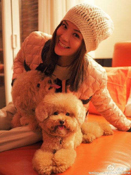 阿sa晒与爱犬合照戴毛线帽甜笑(图)