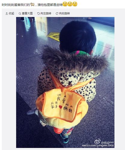 杨威晒儿子背包萌照包上写“我爱爸爸妈妈”(图)