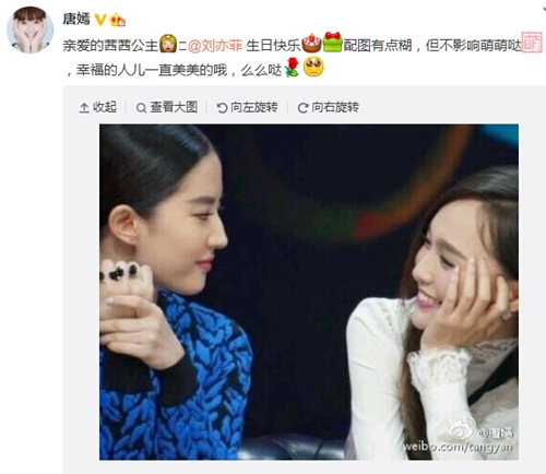 唐嫣晒合影为刘亦菲庆生亲密喊其“公主”(图)
