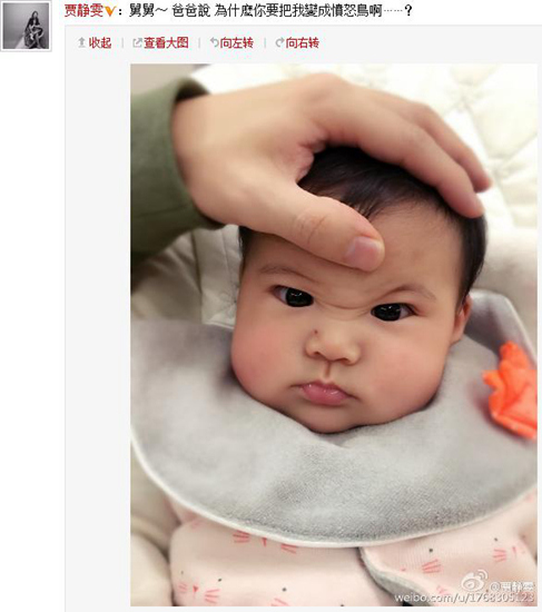 贾静雯女儿被捏脸表情变“愤怒的小鸟”(图)